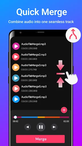 Audio merger interface listing MP3 files with red merge button to combine multiple audio tracks into one seamless track