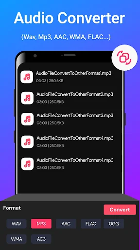 Audio converter showing MP3 files with format selection buttons (MP3, AAC, WAV, FLAC, OGG, WMA, AC3) and convert button