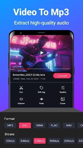 Video to MP3 converter displaying video preview with audio format options (MP3, AAC, WMA, FLAC, WAV) and bitrate selection