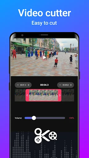 Video cutter showing street scene with dual trim controls, timeline scrubber, red highlight area, and volume adjustment slider