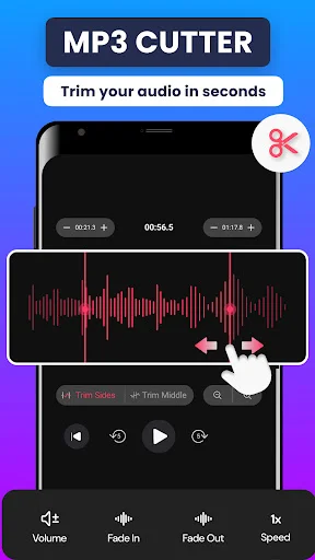 MP3 Cutter interface displaying waveform with trim, volume, fade controls and audio editing tools