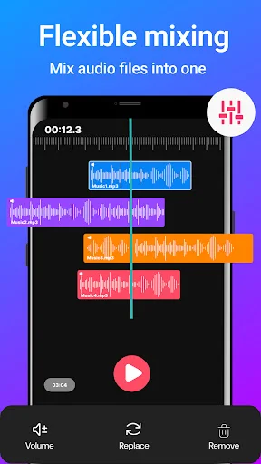 Audio mixing tool showing multiple colored tracks, timeline, and flexible audio mixing controls