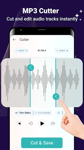 MP3 cutter waveform editor with trim markers and playback controls for cutting and saving songs