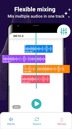 Multi-track audio mixer displaying layered waveforms with volume, replace, and remove controls