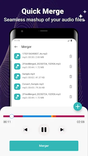 Audio file merger interface showing MP3 files with timeline and merge button to combine tracks