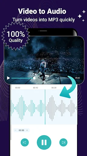 Video to MP3 converter showing video preview with waveform and playback controls for extraction