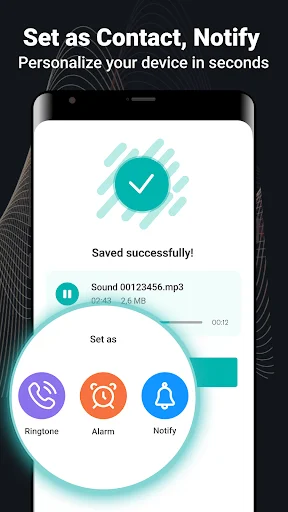 Audio file saved confirmation screen with options to set as ringtone, alarm, or notification sound