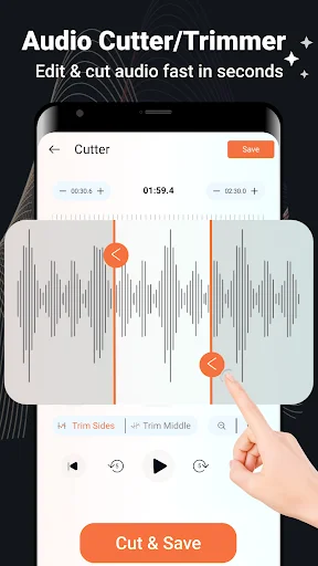 Audio waveform editor with trim handles, audio cutting options, playback controls, and Cut & Save button for fast audio editing