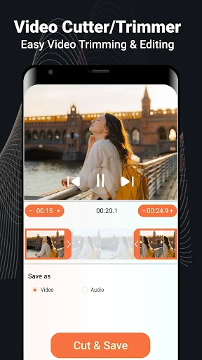 Video trimmer showing timeline editor, playback controls, preview thumbnails, and Save as Video or Audio with Cut & Save button