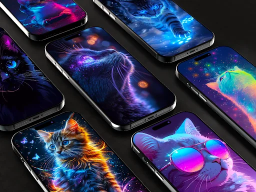 HD neon animal wallpapers showing glowing cats, lions, fish with vibrant cyan, purple, and magenta neon effects on phones