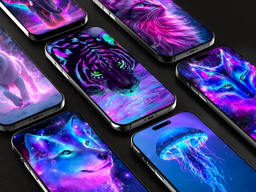 Neon wallpaper collection on phones showing glowing purple wolves, lions, jellyfish with cyan and magenta neon color effects