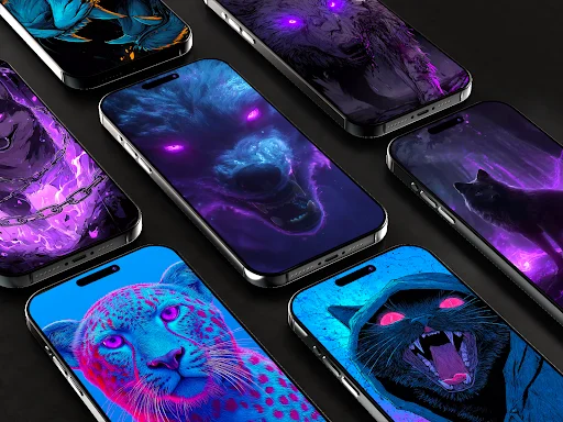 HD neon animal wallpapers showing glowing stingrays, elephants, lions with bright cyan and purple neon effects on phones