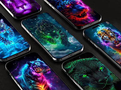 Neon animal wallpapers on phone screens with glowing leopards, jaguars, tigers in green and orange neon color light effects