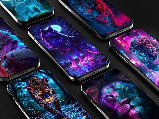 HD neon animal wallpapers on phones showing glowing birds, lions, panthers with cyan, purple, and magenta neon glow effects