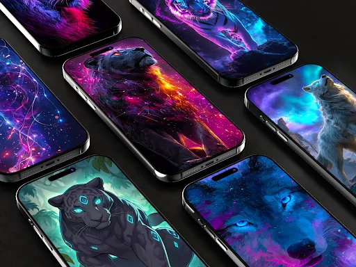 Neon animal wallpapers app on phones featuring glowing wolves, lions, panthers with pink, purple, and cyan neon glow effects