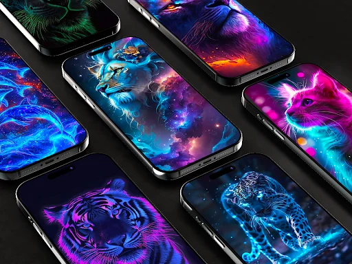 Neon animal wallpapers on phones showing glowing lions, wolves, tigers with cosmic and vibrant neon glow light effects