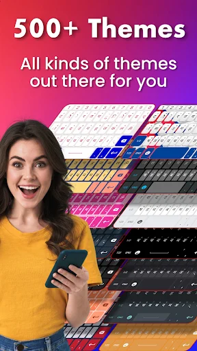 500+ colorful Nepali keyboard themes - woman in yellow holding phone with multiple custom keyboard design options