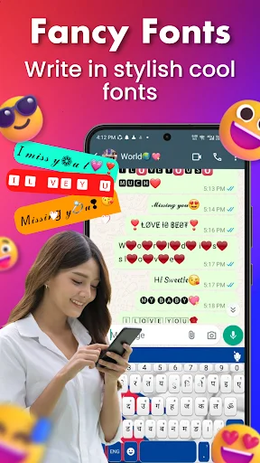 Fancy fonts keyboard feature with stylish text options and emojis for creative Nepali and English messaging