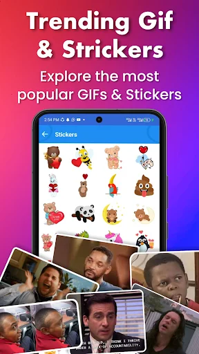 Trending GIF and sticker collection in Nepali keyboard featuring emoji characters and social sharing options