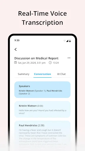 Speech to text conversion screen featuring microphone icon, waveform visualization, and transcribed text sample output