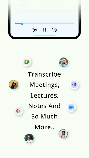 NoteIQ app showing playback controls and transcription capabilities for meetings, lectures, and notes with user profile avatars