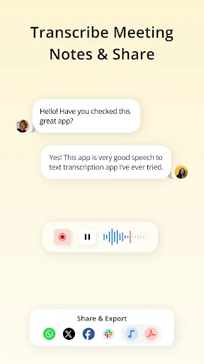 NoteIQ meeting notes transcription with chat preview conversation and share export options for messaging apps and social media