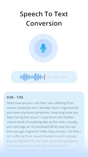 NoteIQ speech to text conversion interface displaying microphone icon, audio waveform, and real-time text transcription output