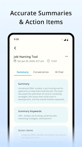 NoteIQ meeting summary interface showing conversation summary, keywords extraction, and action items with AI-powered analysis