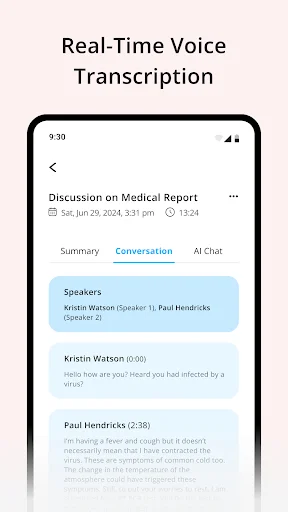 NoteIQ real-time voice transcription displaying speaker identification, conversation timestamps, and multi-speaker text output