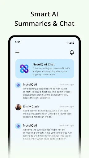 NoteIQ AI chat interface providing smart conversation summaries, insights, and AI-powered meeting analysis and follow-up questions
