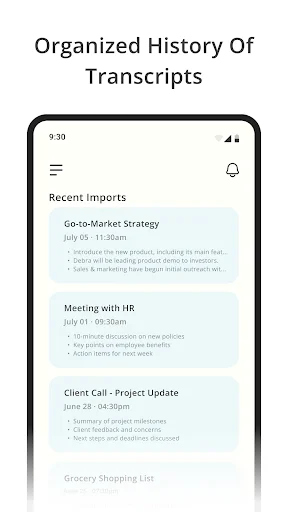 NoteIQ transcript history showing recent imports with dates, summaries, and organized meeting conversation and call information