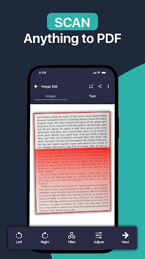 Document scanner with editing tools: rotate left/right, apply filters, adjust exposure, and convert to PDF