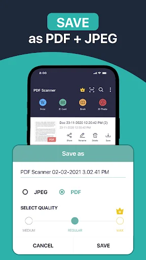 Save dialog with PDF and JPEG format options and quality selection (medium, regular, max)