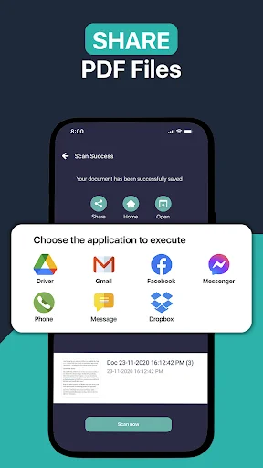 Share scanned PDFs via email, social media, messaging, cloud storage including Drive, Gmail, Facebook, Dropbox