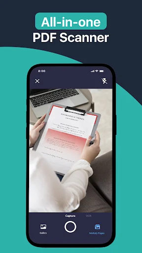 Mobile camera scanner capturing physical documents in real-world usage for portable PDF creation