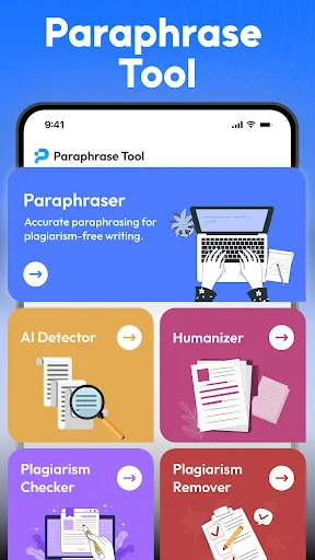 Paraphrase Tool app main dashboard showing Paraphraser, AI Detector, Humanizer, Plagiarism Checker, and Plagiarism Remover feature icons with navigation buttons