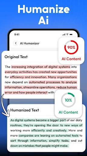 AI Humanizer tool screenshot displaying original text with 90% AI content compared to humanized version with only 10% AI content detected