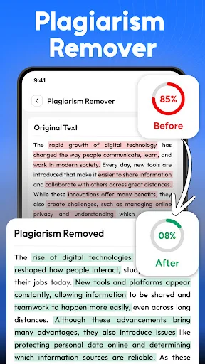 Plagiarism Remover tool comparing original text at 85% plagiarism before to rewritten version at 8% plagiarism after removal