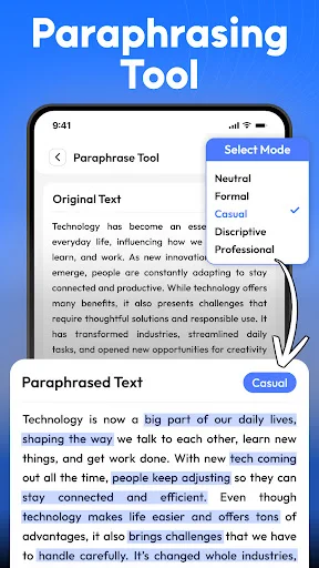Paraphrasing Tool with Select Mode dropdown menu offering Neutral, Formal, Descriptive, and Professional tone options for text paraphrasing
