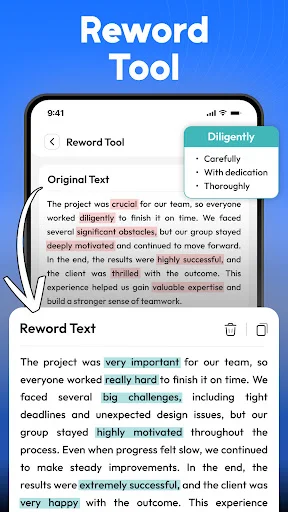 Reword Tool interface with Difficulty selector showing Carefully, With dedication, and Thoroughly options for rewording original text content