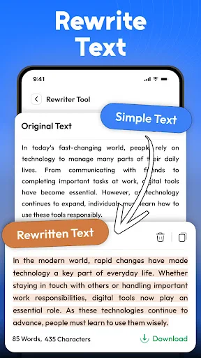 Rewriter Tool with Simple Text mode selected, rewriting original content with word count display of 85 words/435 characters and download option