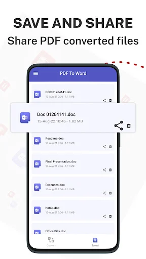 Converted files sharing interface listing multiple Word documents with share icons and save options for exporting converted files