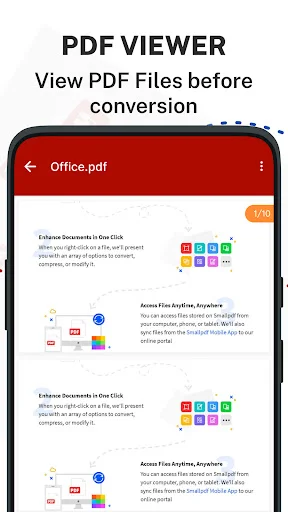 PDF viewer preview showing Office.pdf content with document pages and file navigation before starting the conversion process