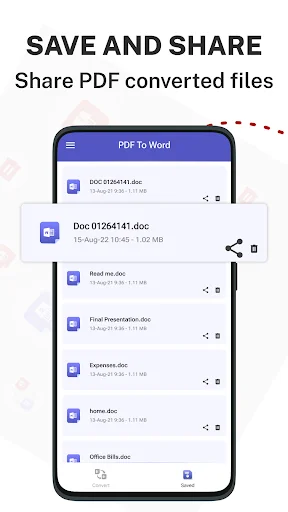 Converted files list showing multiple .doc files with share icons and options to save and share Word documents