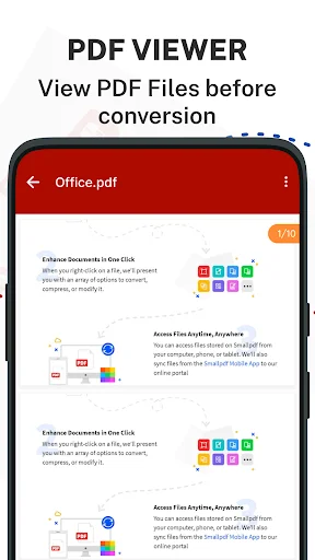 PDF viewer interface showing Office.pdf document content with red header bar and page indicator for PDF preview