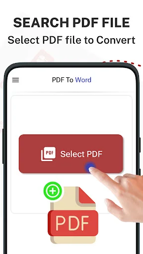 PDF to Word converter app interface showing Select PDF button with hand tapping gesture to begin PDF file selection for conversion