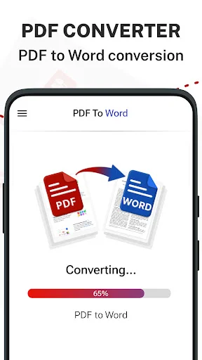 PDF to Word conversion in progress displaying animated PDF to Word document icons with 65% progress bar and Converting status