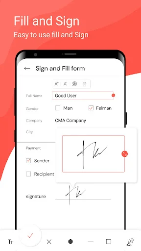 PDF form with fillable fields, checkboxes, and signature box featuring handwritten signature and annotation drawing tools