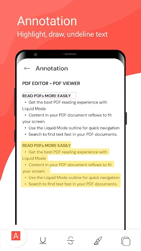 PDF annotation interface showing document text with yellow highlighting, demonstrating text markup and editing features