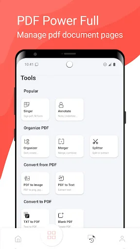 PDF tools menu with signer, annotator, organizer, merger, splitter, and converters for comprehensive document editing
